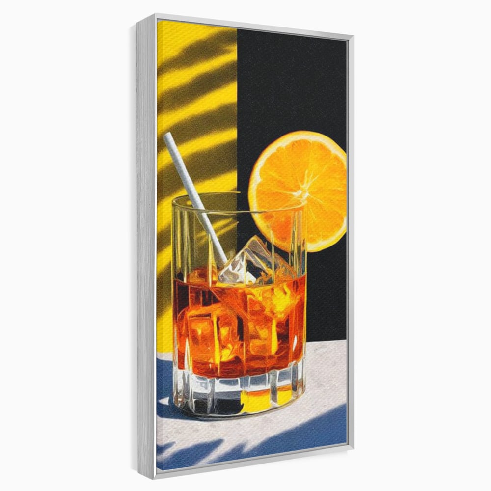 Tablou canvas cu ilustratie cu pahar de cocktail si portocala, in rama de aluminiu argintiu